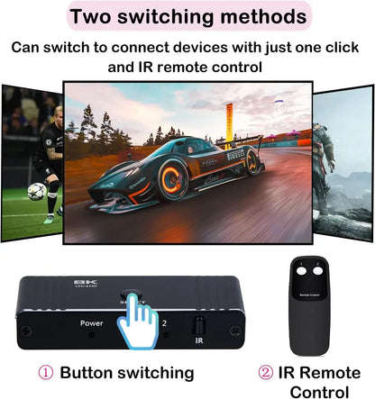 8K 60Hz HDMI Bi-Directional Switcher – 2 in 1 Out, 4K 120Hz HDMI Splitter with IR Remote for PC, TV, PS4, Xbox, PS5