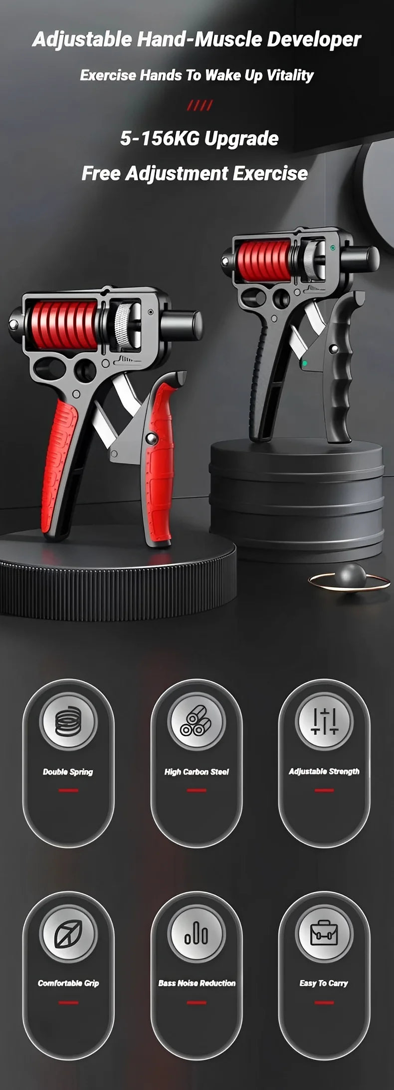 5–165kg Adjustable Hand Grip Strengthener — Heavy-Duty Forearm & Finger Expander (Steel Spring)