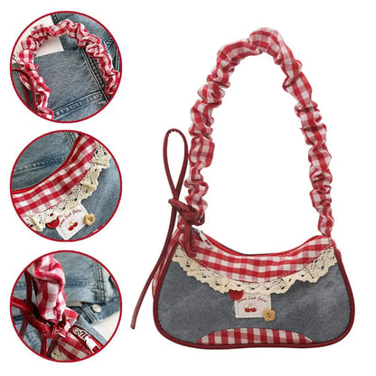 Fashion Grid Lace Shoulder Bag - Stretchable Ribbon Strap Underarm Handbag for Women, Students & Daily Commuting