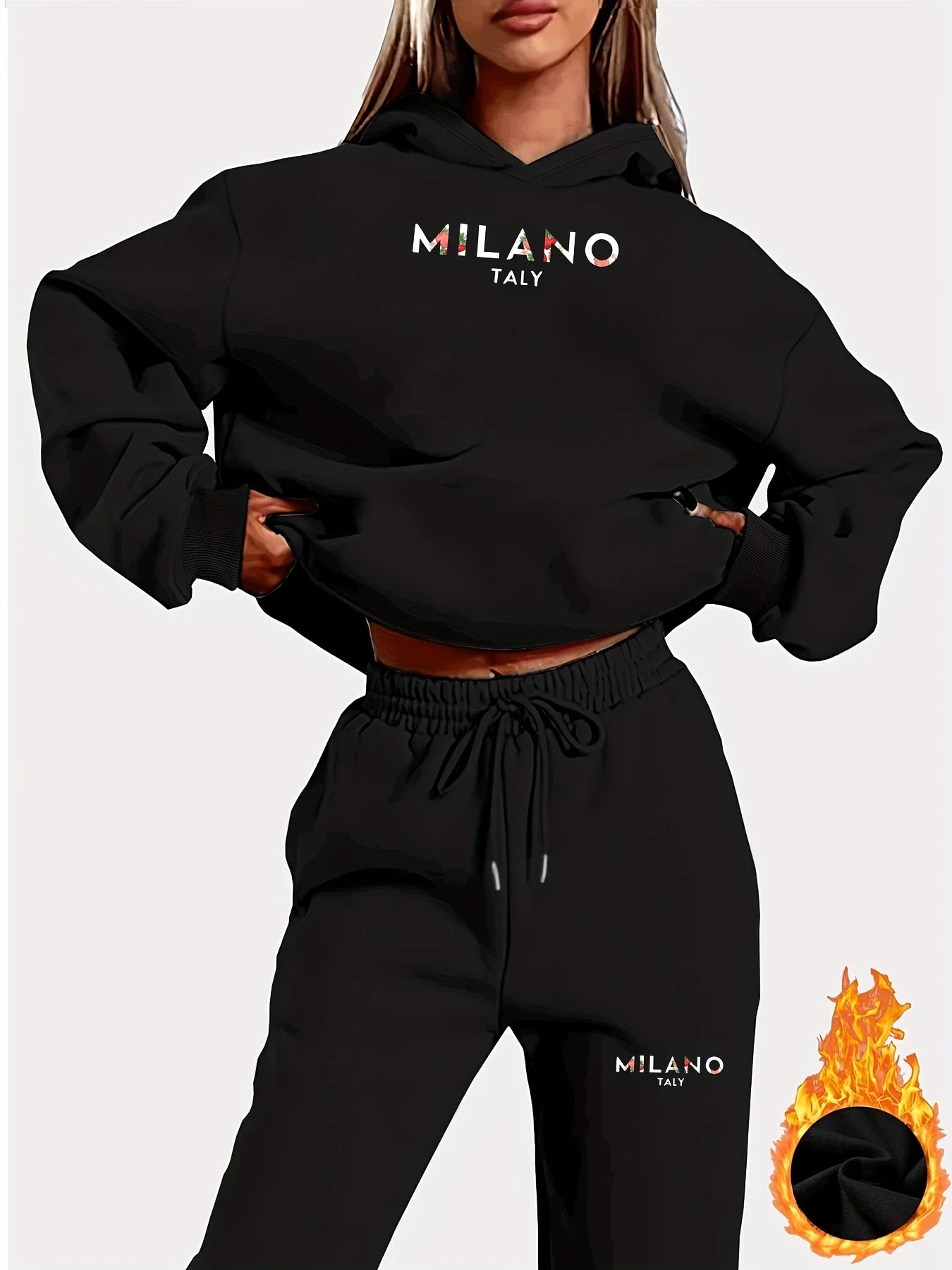 Women's Milano Italia 2-Piece Winter Set - Plush Warm Hooded Sweatshirt & Sports Pants Outfit