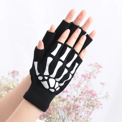 Skeleton Skull Fingerless Gloves - Luminous Punk Halloween Gloves for Adults and Kids, Black Winter Mittens