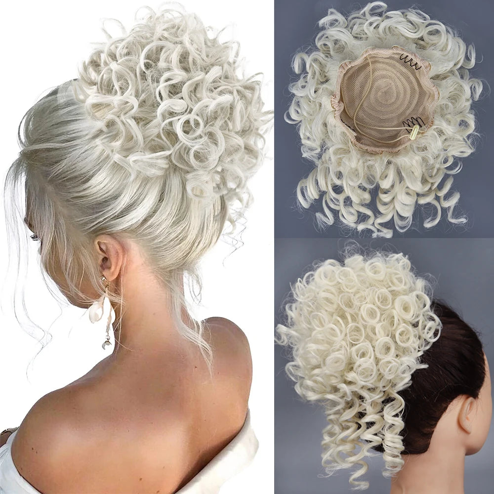 Synthetic Messy Bun Hair Piece – 60g Elastic Drawstring Curly Wave Hair Bun Extension for Women (Dark Brown)