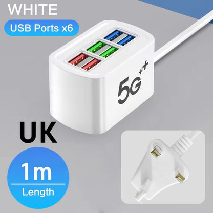 6-Port USB Charging Power Strip – Universal Fast Charger with EU/US Plug, Power Socket Extension Cable for Phones and Devices