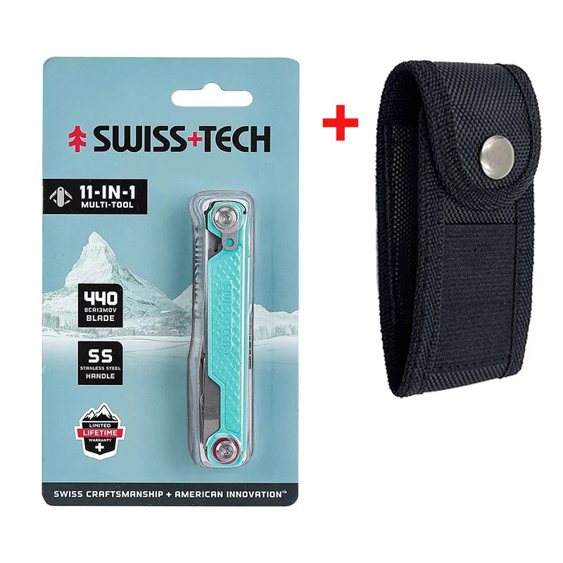 SWISS TECH 11-in-1 Mini Multitool - Folding EDC Camping Tool with Scissors, Screwdriver & Clip