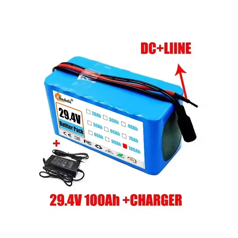 29.4V 100Ah 7S3P 18650 Lithium-Ion Battery Pack — Suitable for 24V–29.4V Motors with 2A Charger