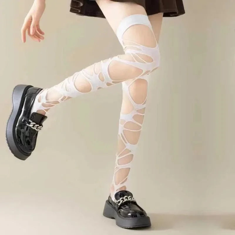Gothic Lolita Style Fishnet Thigh High Stockings for Women, Irregular Hole Lingerie Long Socks Erotic Hosiery Women's Underwear