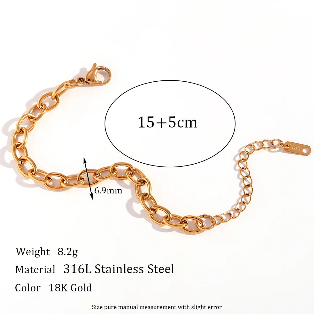 18K Gold Plated Stainless Steel Oval Link Chain Jewelry Set – 7mm Chunky Silver Color Choker Necklace, Bracelet & Anklet Accessories