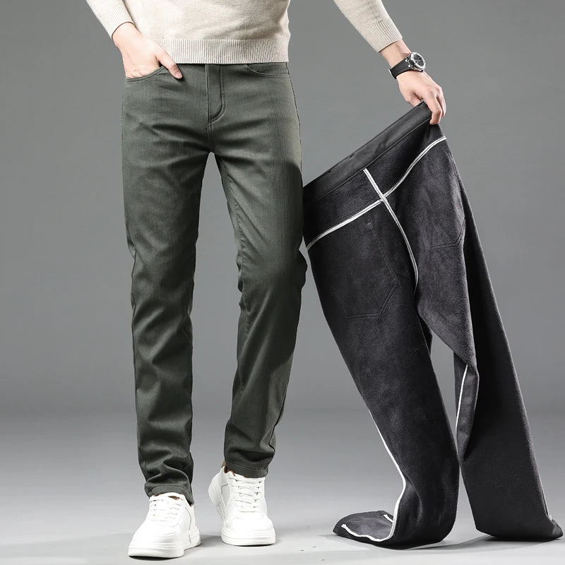 Winter 2025 Men’s Fleece Pants – Thick Slim Fit Velvet Trousers, Warm Elastic Business Casual Plush Pants