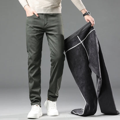 Winter 2025 Men’s Fleece Pants – Thick Slim Fit Velvet Trousers, Warm Elastic Business Casual Plush Pants