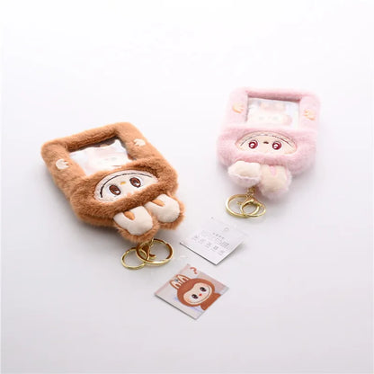 Kawaii Labubu Fluffy ID Card Keychain – Cartoon Sliding Card Holder for Students, Meal & Bus Cards, Cute Photo Album Gift for Kids