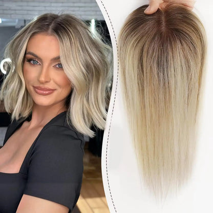 Blonde Brown Ombre Hair Topper – 100% Remy Human Hair, 12" Silk Base, 150% Density, 3-Clip Hairpiece for Women