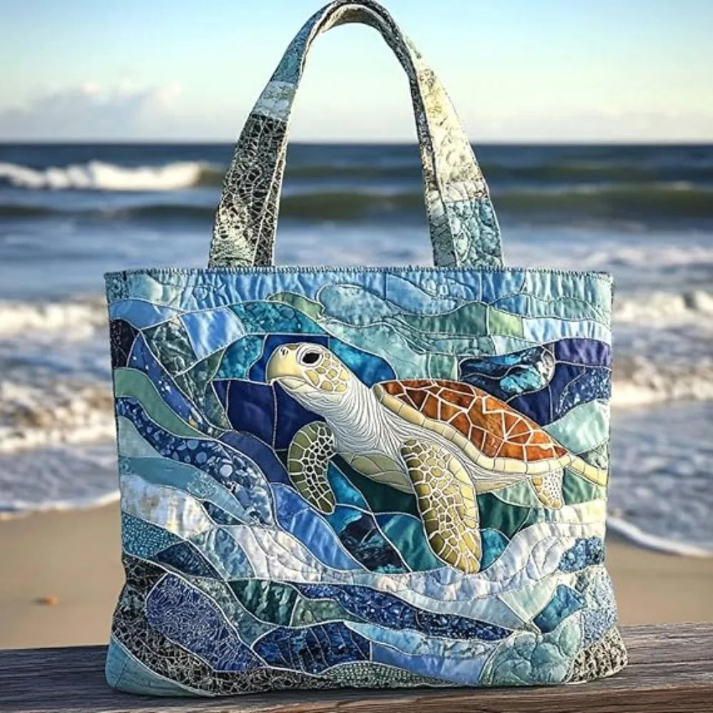 Turtle Print Quilted Tote Bag - Large Capacity Soft Canvas Shoulder Bag with 3D Ocean Turtle Design