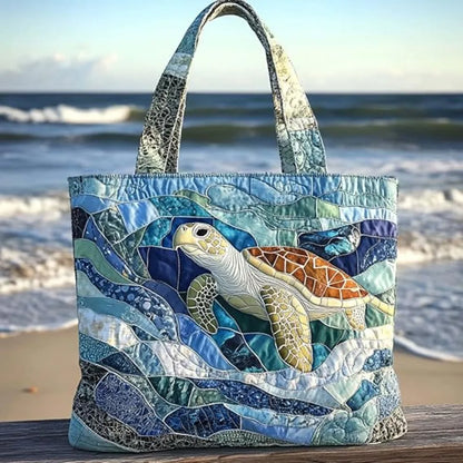 Turtle Print Quilted Tote Bag - Large Capacity Soft Canvas Shoulder Bag with 3D Ocean Turtle Design