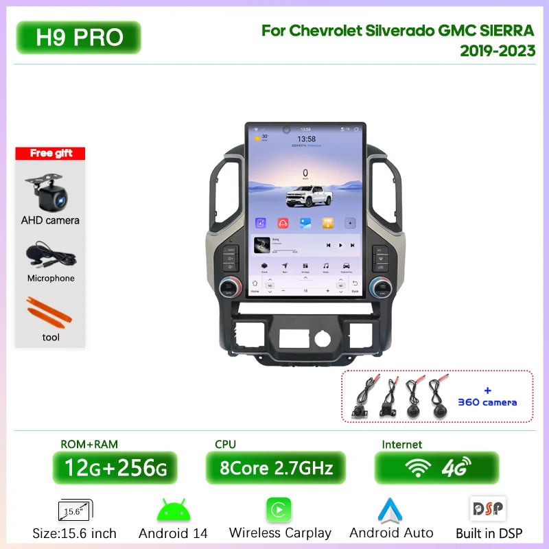 15.6" Car Multimedia Player - GPS Navigation, CarPlay, Android Auto, 4G & WiFi for Chevrolet Silverado & GMC Sierra 2019-2023