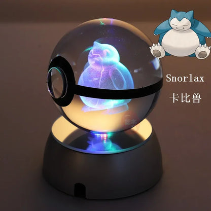 Anime Pokemon 3D Crystal Ball – Snorlax & Charizard Engraved Pokeball Figure with LED Light Base, Kids Gift