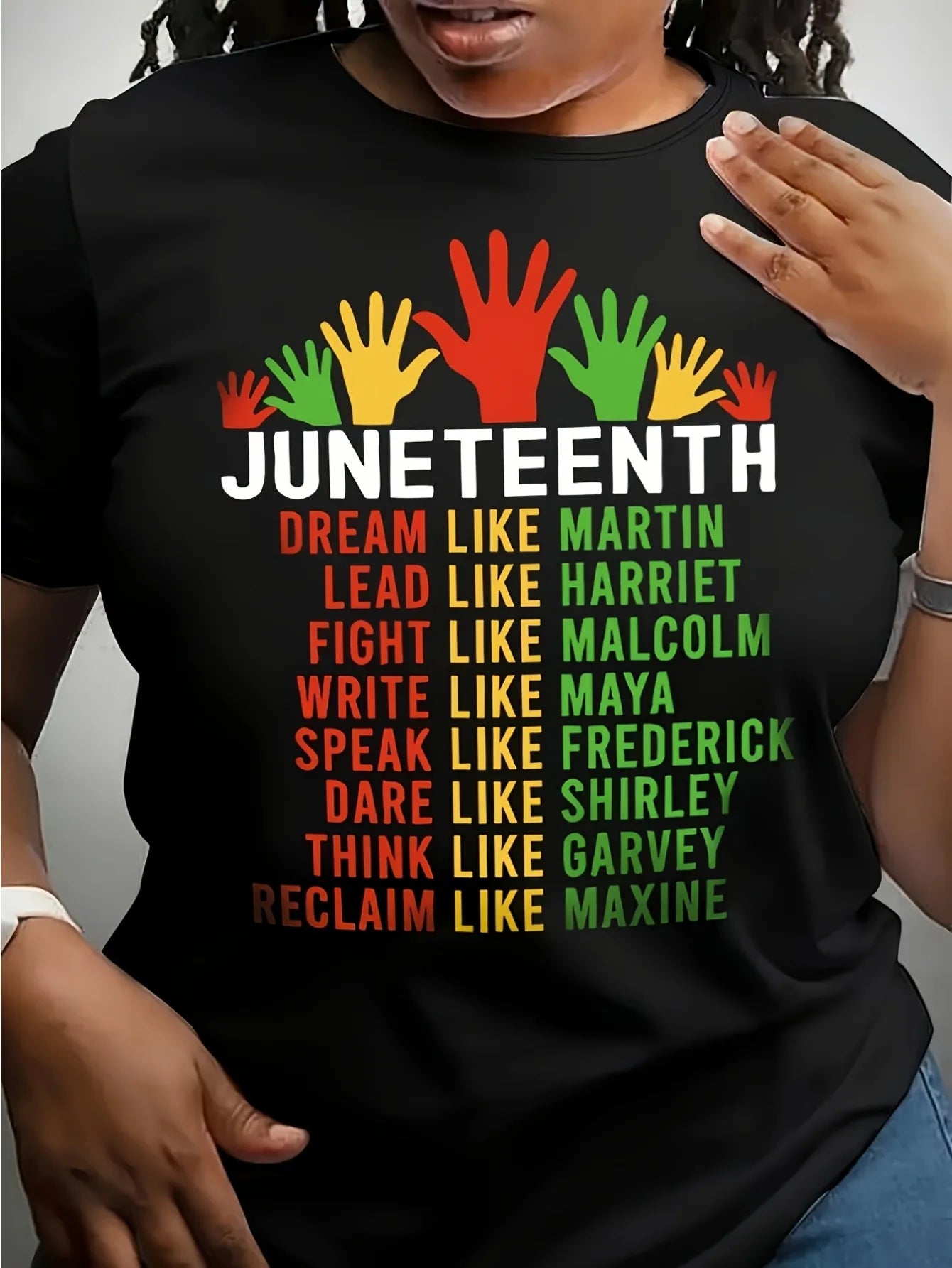 Unisex Black Juneteenth T-Shirt – 100% Cotton Short Sleeve Crew Neck with African History Icons (Martin, Malcolm, Maya, Garvey)