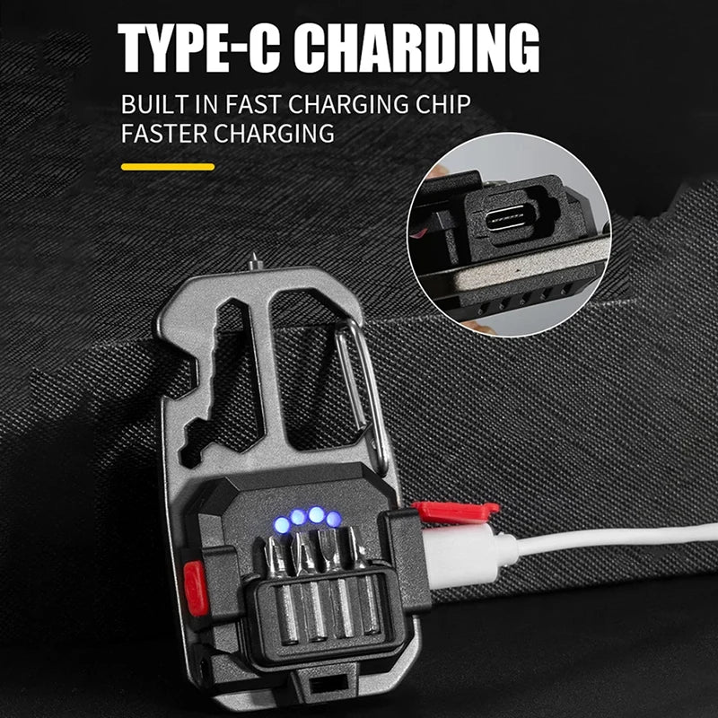 Mini LED Keychain Work Light - Portable Pocket Flashlight USB Rechargeable Camping Lamp with Window Hammer, Bottle Opener