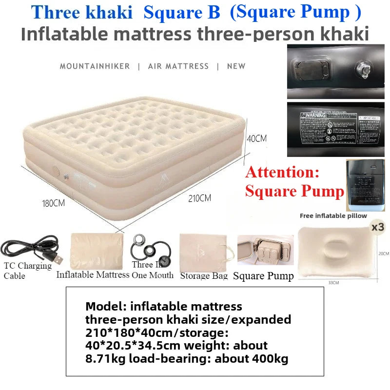 MOUNTAINHIKER 2025 Inflatable Air Mattress – PVC Camping Bed Mat for 1-3 Persons, Built-in Pump Glamping Sleeping Mat