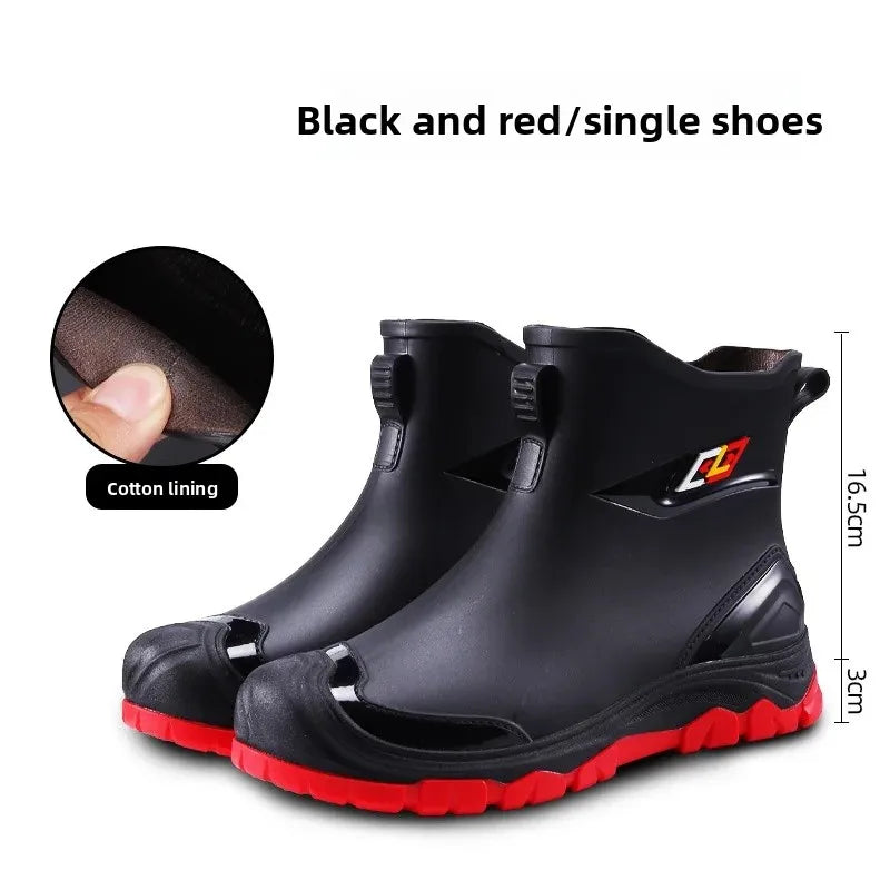 Men’s Ankle-High Fleece-Lined Rain Boots – Waterproof, Anti-Slip, Wear-Resistant Work & Fishing Shoes