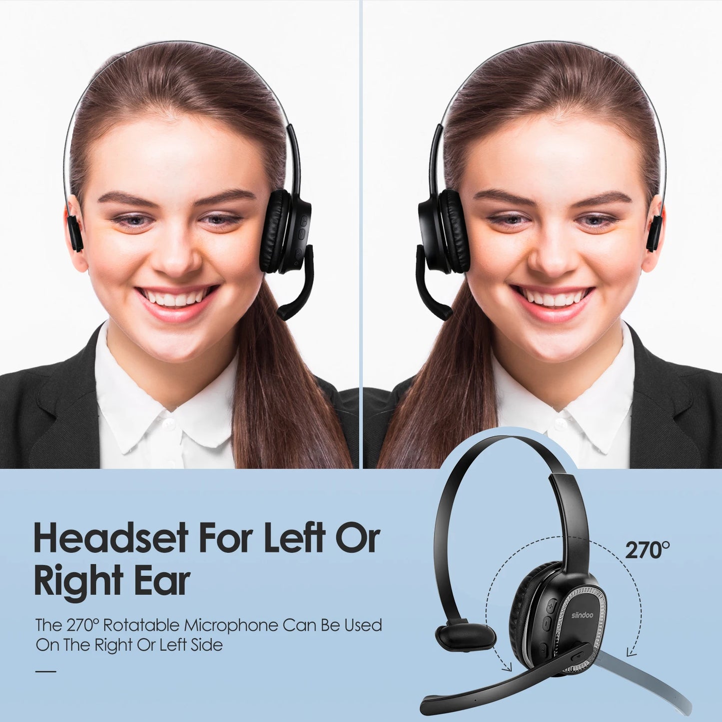 Siindoo JH-101 Wireless Call Center Headset with Mic — Noise Canceling Office Headphones 50H Talk Time