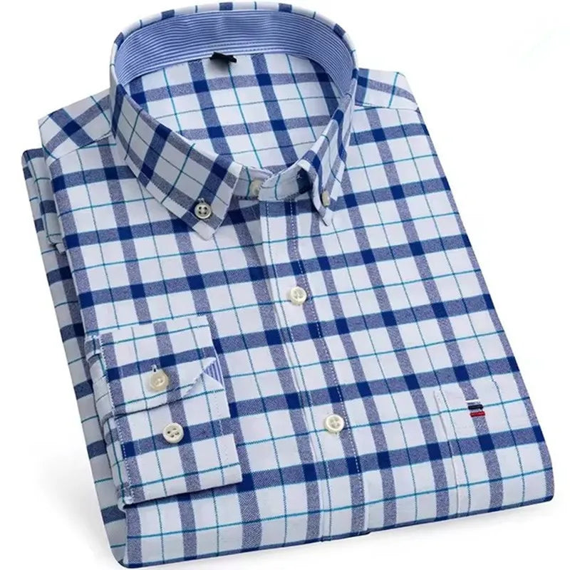 Men’s Checkered Oxford Shirt - Long Sleeve Cotton Button Down Gingham Top with Single Pocket 6XL-7XL