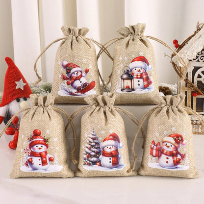 6pcs Christmas Linen Drawstring Gift Bags - Burlap Candy Biscuit Pouches for Holiday Decor & Xmas Gift Packaging