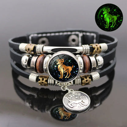 Luminous 12 Constellation Vintage Bracelet - Braided Punk Leather Glow-in-the-Dark for Men & Women, Birthday Gift