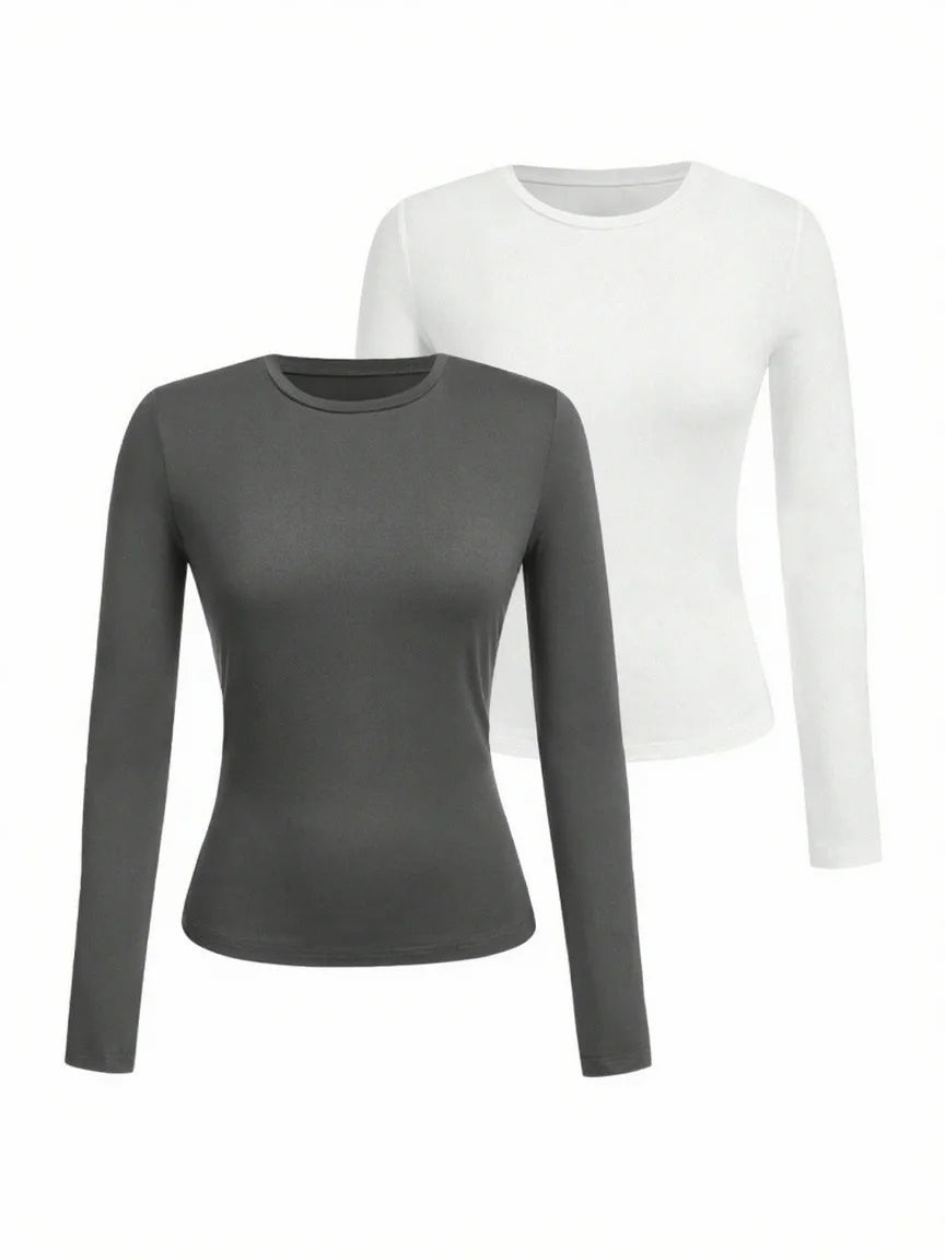 Women's Solid Color Long Sleeve T-Shirt – Round Neck Knitted Polyester Regular Fit Fall Winter Top