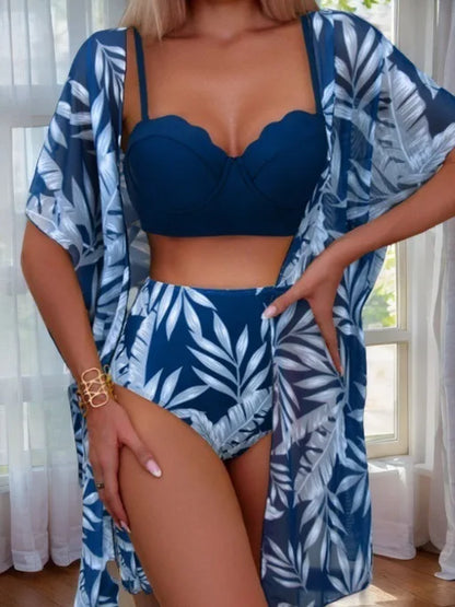 2025 Women’s Three-Piece Floral Bikini Set – Long Sleeve Swimwear with Cover-Up, Stylish Summer Bathing Suit