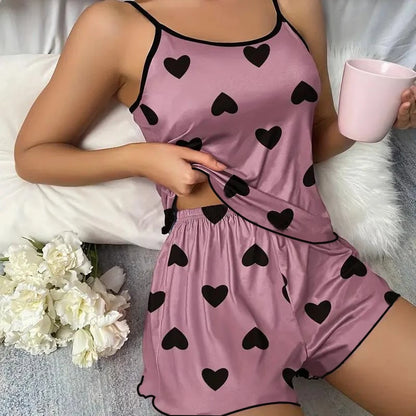 Women’s Summer Pajama Set – Pink Heart Print Ice Silk T-Shirt & Shorts, Comfortable Casual Round Neck Sleepwear
