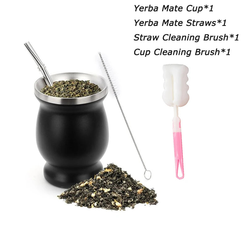 8oz 304 Stainless Steel Yerba Mate Cup Set – Double Wall Argentine Gourd with Bombilla Straw & Cleaning Brush Travel Mug