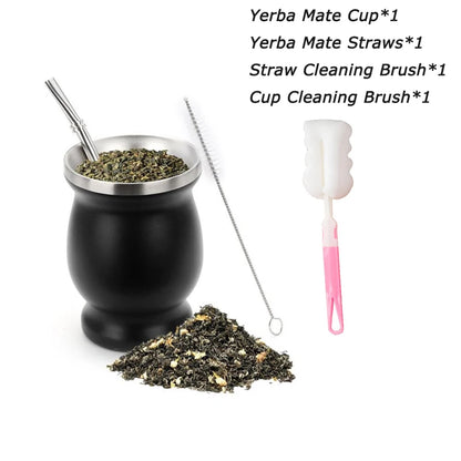 8oz 304 Stainless Steel Yerba Mate Cup Set – Double Wall Argentine Gourd with Bombilla Straw & Cleaning Brush Travel Mug