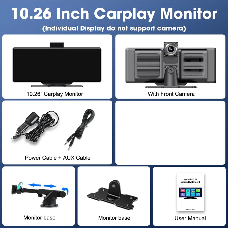 10.26'' 4K Dash Cam Car Mirror Video Player - Wireless CarPlay, Android Auto, GPS, and Rearview Camera Monitor