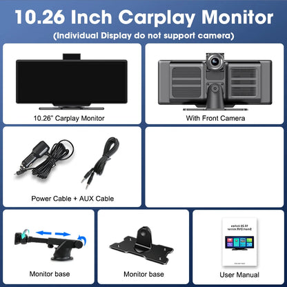 10.26'' 4K Dash Cam Car Mirror Video Player - Wireless CarPlay, Android Auto, GPS, and Rearview Camera Monitor