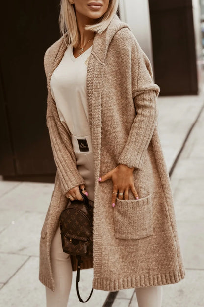 2023 Autumn/Winter Sweater Cardigan – Lapel Hooded Long Knit Coat with Letter Design, Loose Fit for Women