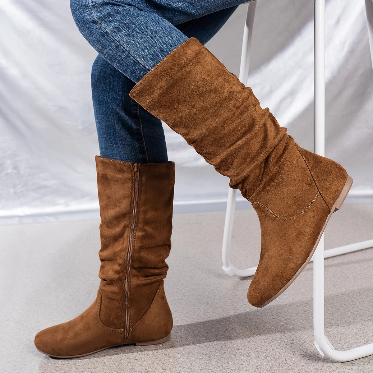 Pleated PU Women’s Fashion Boots – Casual Side-Zip Round Toe Flat High Solid Color Boots