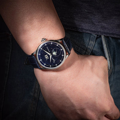 Sugess Moonphase Men’s Automatic Mechanical Watch — 40MM Stainless Steel with Seagull ST2528 Movement and Blue Sandstone Dial