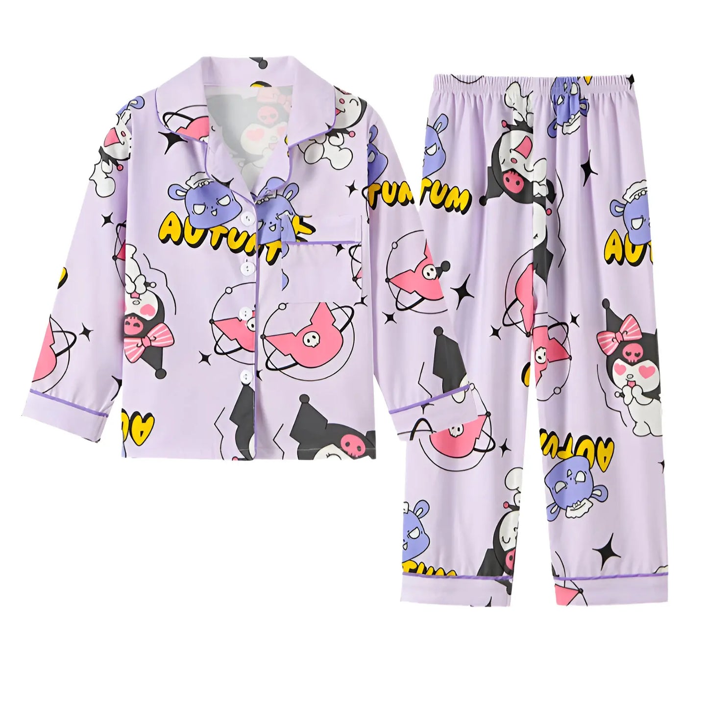 2pcs Kid's Cinnamoroll Pajamas Set - Long Sleeve Top & Pants, Kuromi Sanrio Print Loungewear for Girls