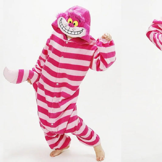 Cheshire Cat Flannel One-Piece Pajamas — Men & Women Cartoon Home Wear for Autumn & Winter