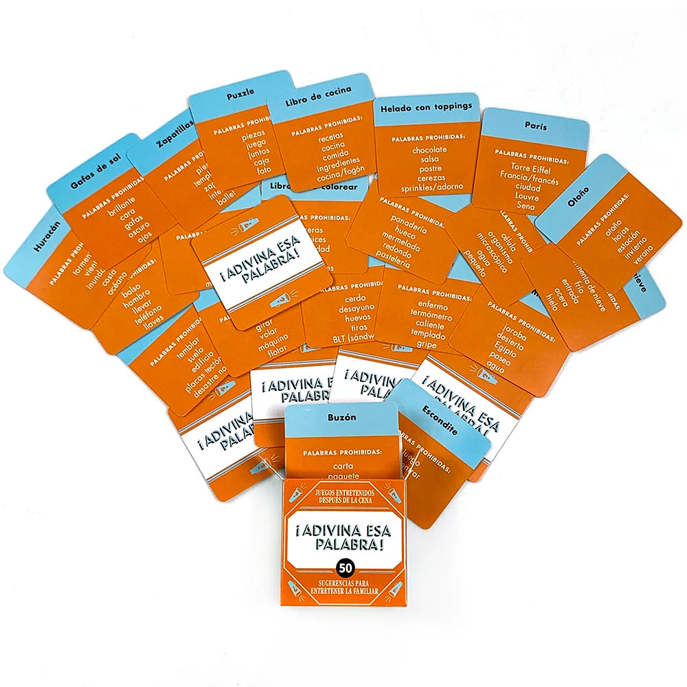 Spanish Mini “Name That Word!” Card Game – 50PCS Family Party & Camping Word Guessing Game Deck