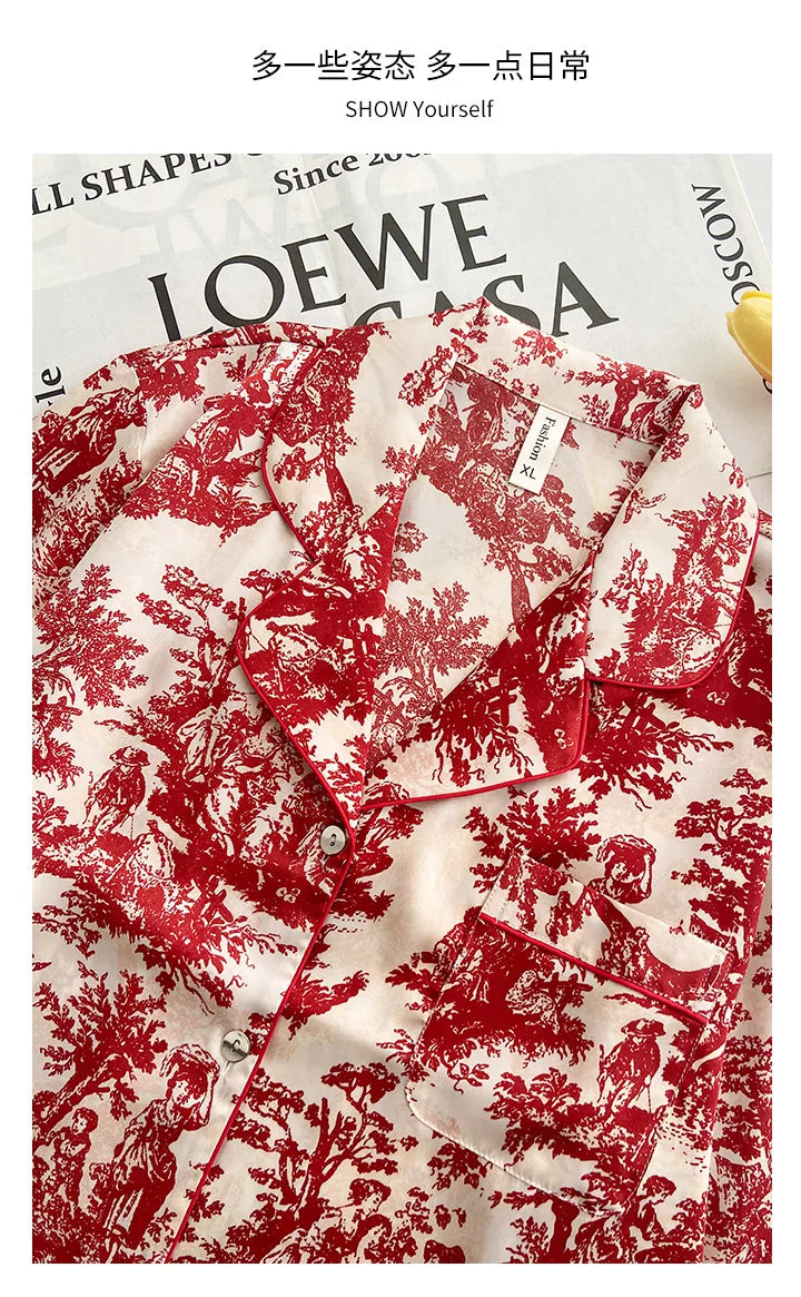 Fashion Floral Print Satin Pajamas Set for Women – Spring Summer Loose Sleepwear Loungewear Homewear Suit