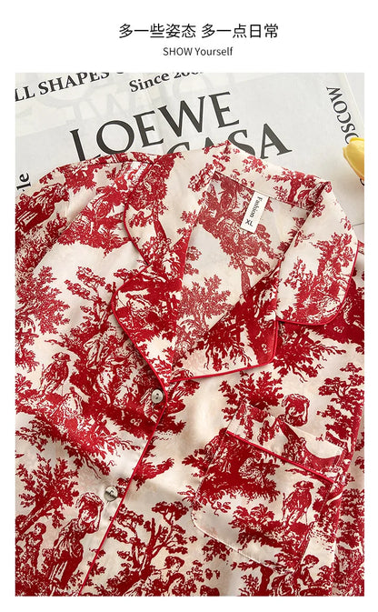 Fashion Floral Print Satin Pajamas Set for Women – Spring Summer Loose Sleepwear Loungewear Homewear Suit