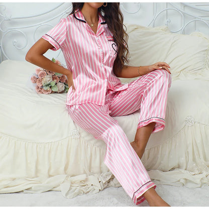 Women’s Satin Striped Pajama Set – Victorian Style Top & Pants Autumn Sleepwear Loungewear