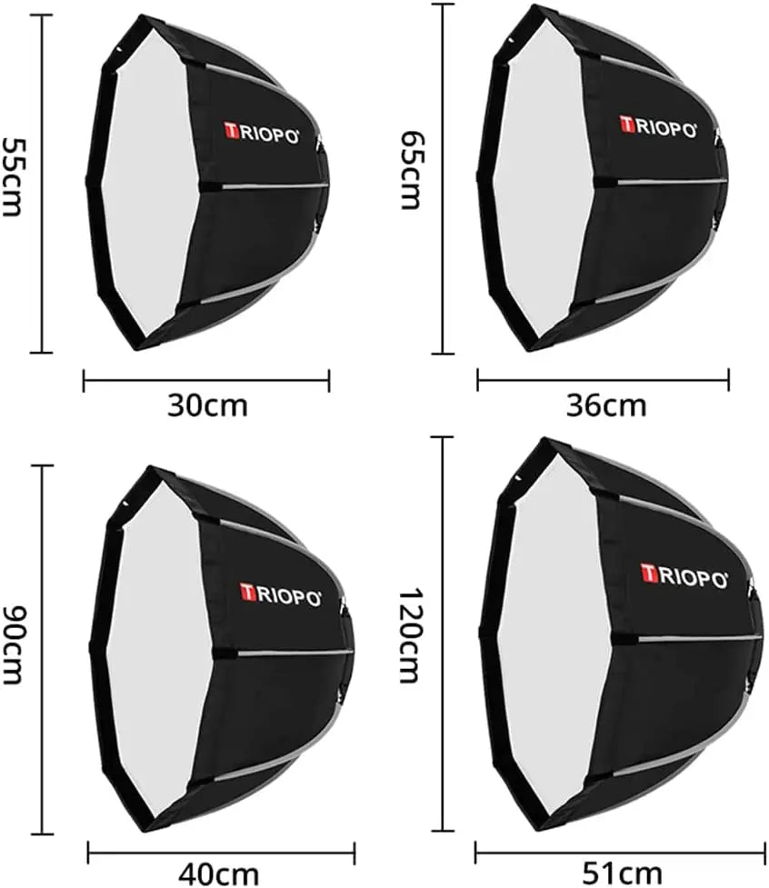 TRIOPO Foldable Octagon Softbox – 55cm, 65cm, 90cm, 120cm Bowens Mount for Sokani X100, COLBOR CL60, Godox & Aputure LED Video Lights
