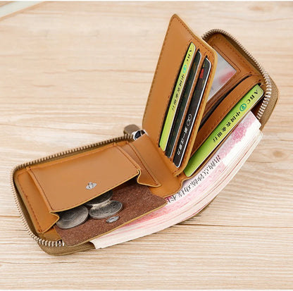 Luxury Leather Men's Wallet – RFID Zipper Card Holder with Coin Pocket, Perfect Gift for Men