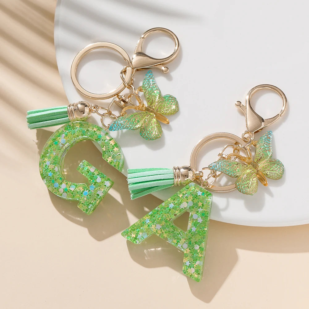 A-Z Initial Letter Resin Keychain - Green Butterfly Lobster Key Ring & DIY Charm