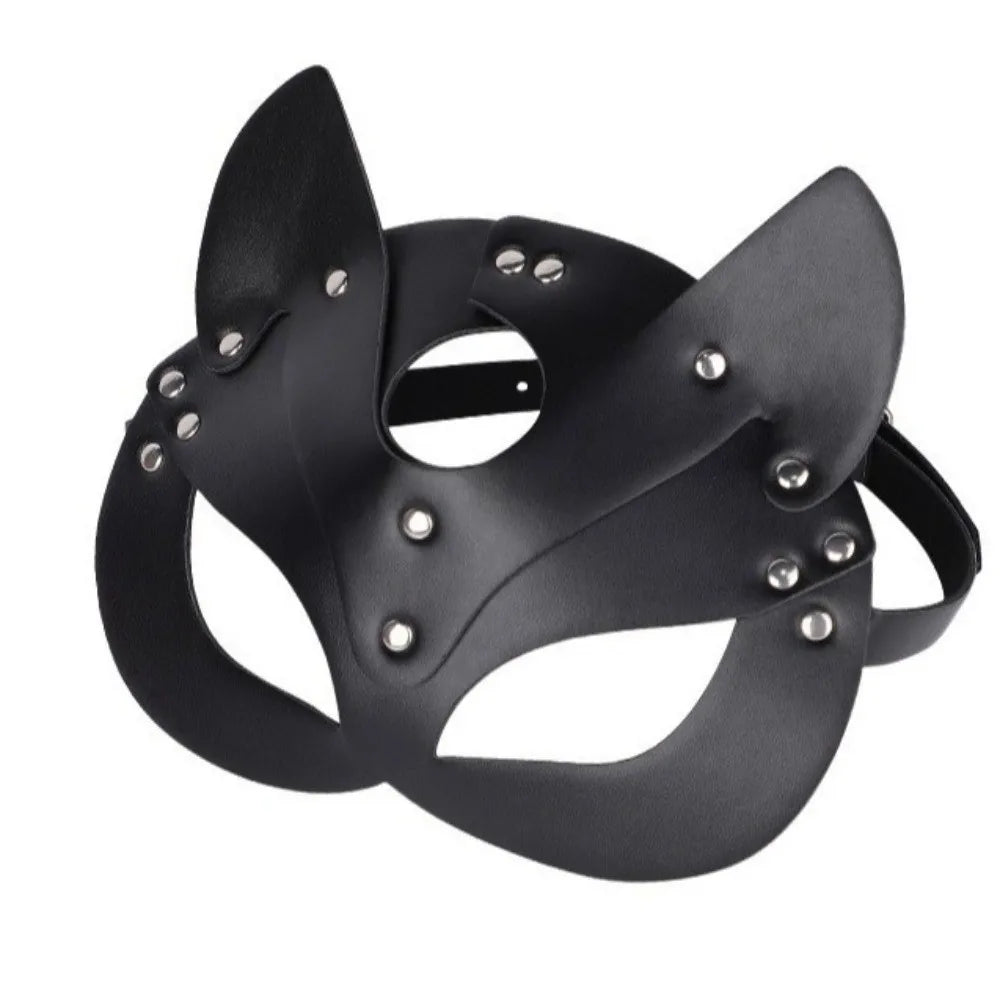 Black Cat Mask - Synthetic Leather Chain Harness Cosplay Masquerade Accessory