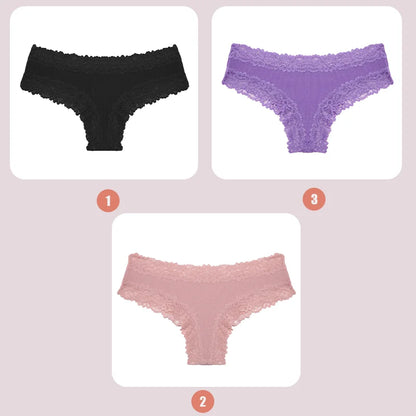 3PCS Lace Seamless Cotton Panties - Ribbed Brazilian Low Waist, Breathable Women’s Underwear, Plus Size Lingerie