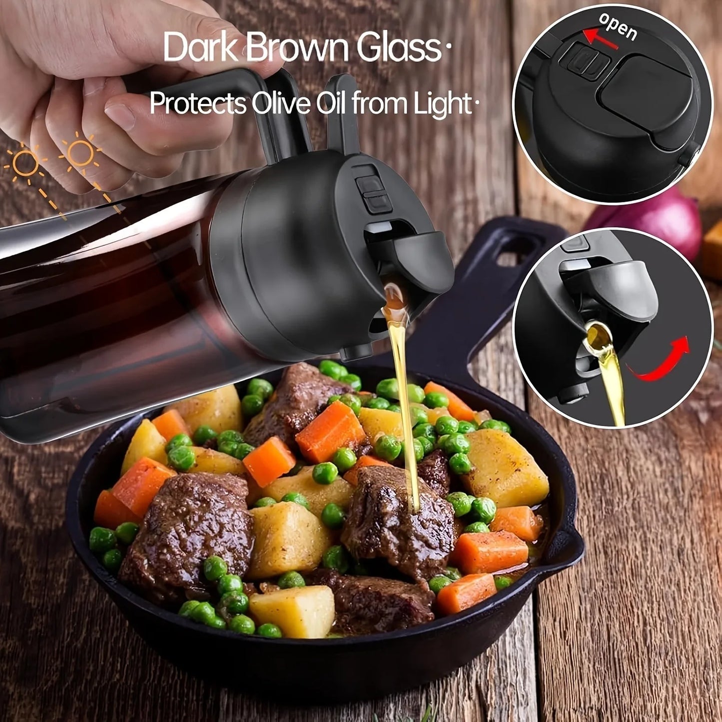 16oz/470ML Brown Oil Sprayer – 2-in-1 Light-Blocking Olive Oil Dispenser Bottle for Cooking and Seasoning