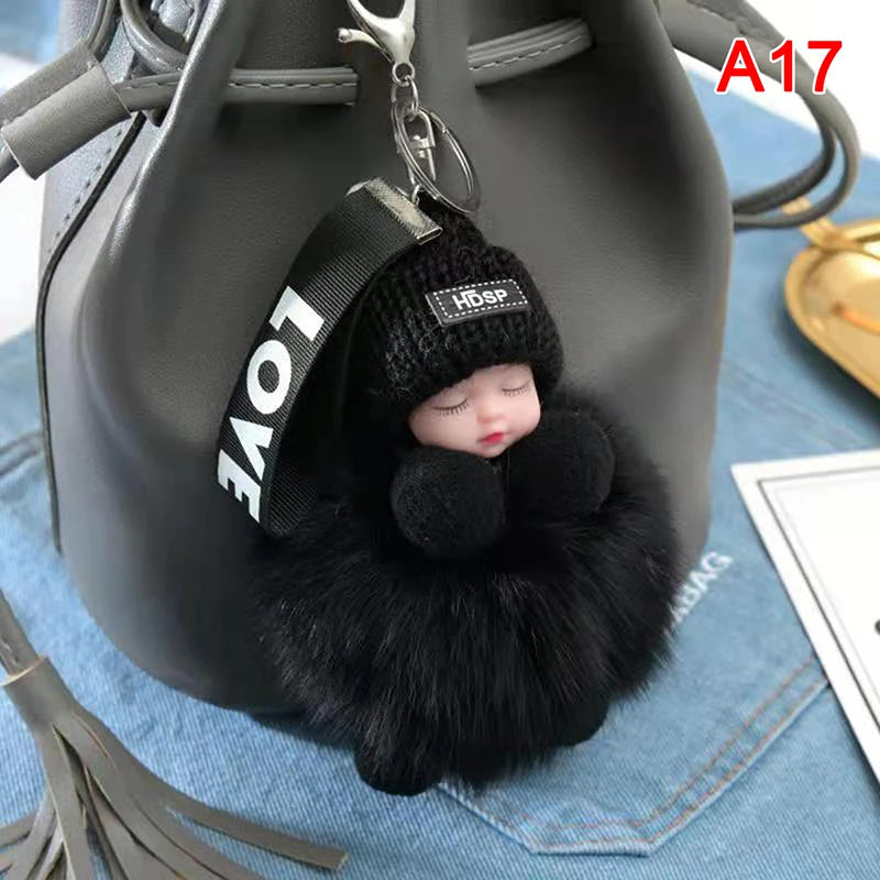 Cute Pompom Sleeping Baby Keychain - Fluffy Plush Doll Bag Charm, Key Ring & Gift for Women and Girls